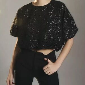 NWT ANTHROPOLOGIE ENDLESS ROSE SEQUIN BUBBLE CROP TOP BLOUSE BLACK Large